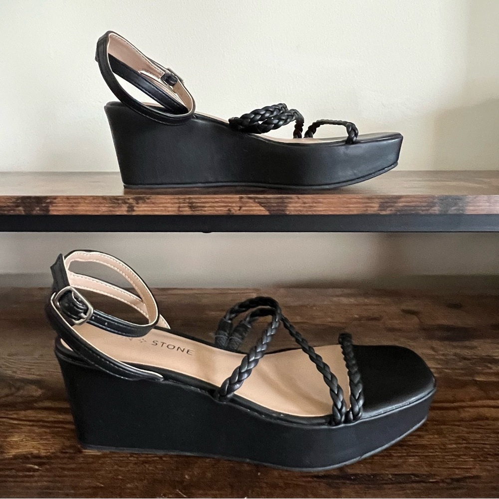 Sun + Stone Alyssaa Black Platform Wedge Braided Straps Ankle Strap Women's 8